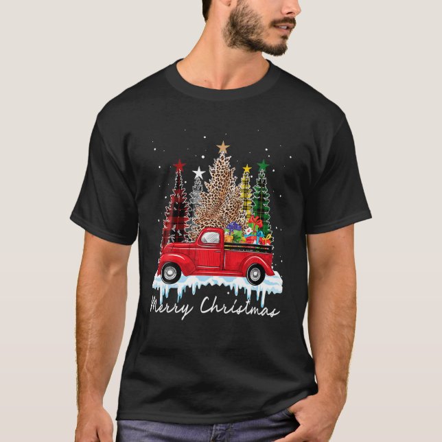Merry Christmas Tree Leopard Plaid Red Green Truck T-Shirt (Front)