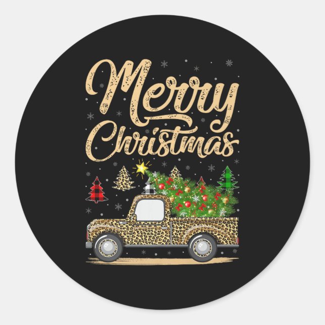 Merry Christmas Tree Leopard Truck Xmas Family Paj Classic Round Sticker (Front)