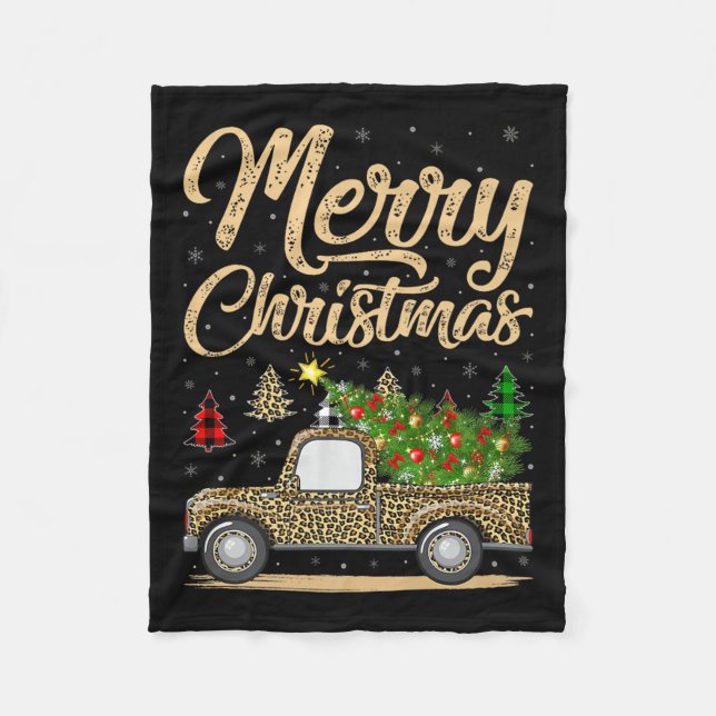 Merry Christmas Tree Leopard Truck Xmas Family Paj Fleece Blanket (Front)