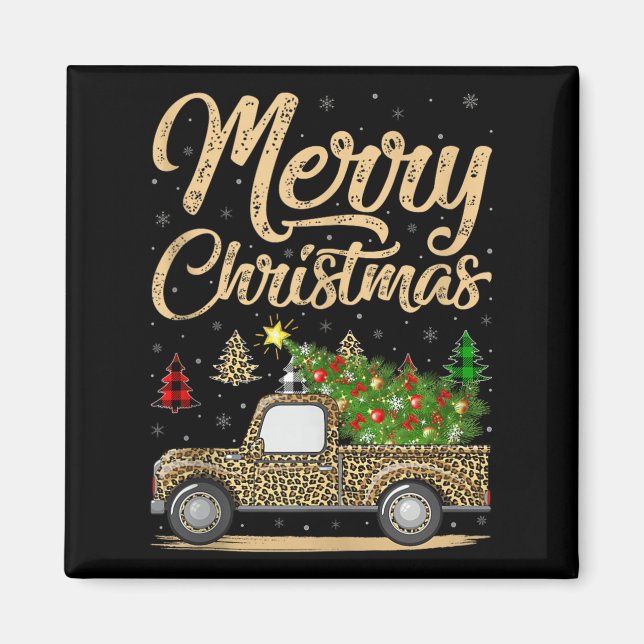 Merry Christmas Tree Leopard Truck Xmas Family Paj Magnet (Front)