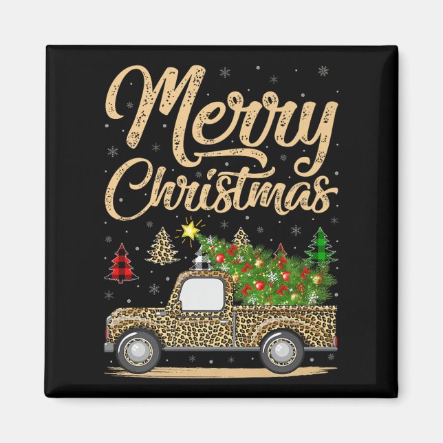 Merry Christmas Tree Leopard Truck Xmas Family Paj Magnet (Front)