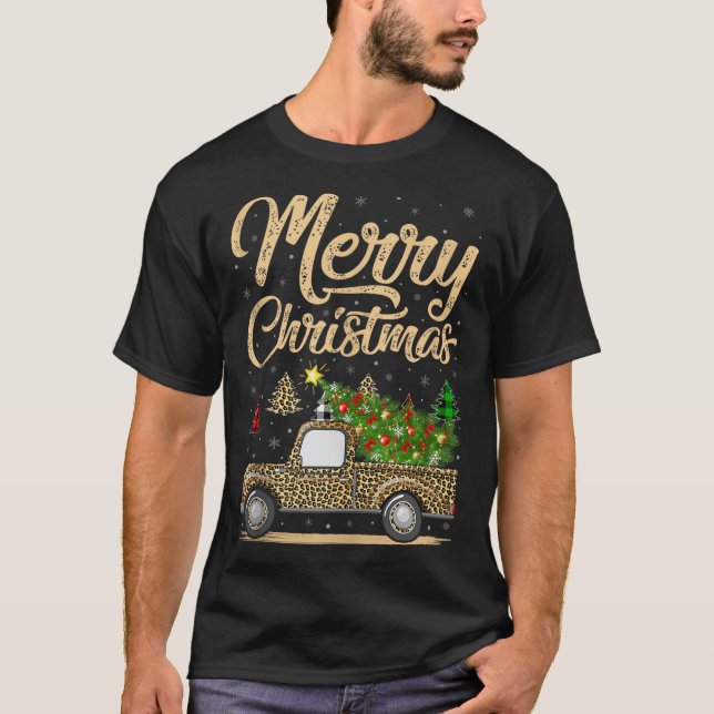 Merry Christmas Tree Leopard Truck Xmas Family Paj T-Shirt (Front)