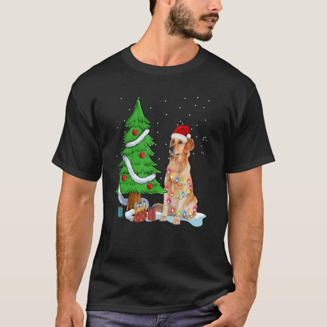 Merry Christmas Tree Light Santa Hat Dog T-Shirt (Front)