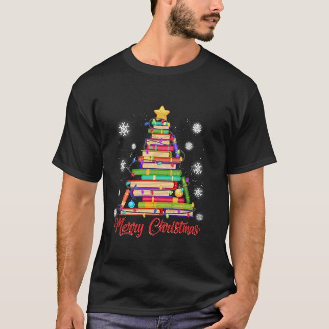Merry Christmas Tree Lights Reading Books Lover Li T-Shirt (Front)