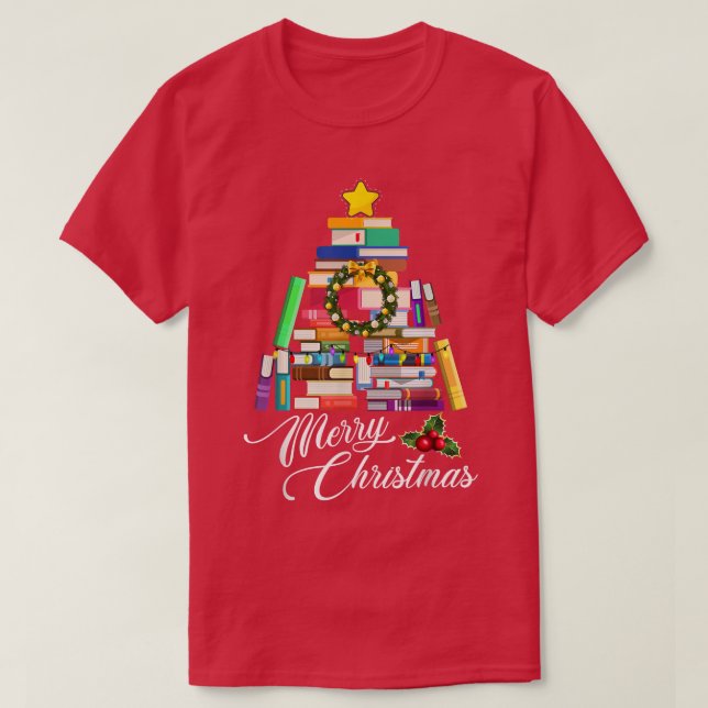 Merry Christmas Tree  Love reading books Librarian T-Shirt (Design Front)