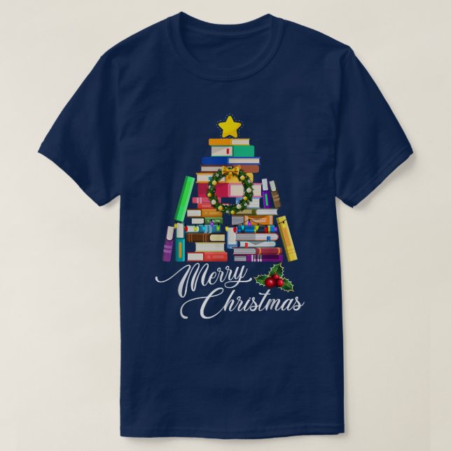 Merry Christmas Tree  Love reading books Librarian T-Shirt (Design Front)