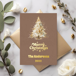 Merry Christmas tree mocha photo year in review Foil Holiday Card