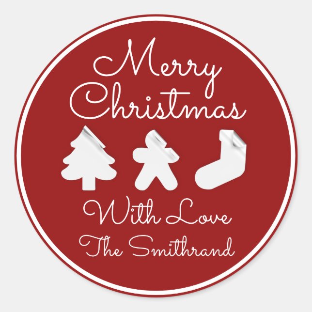 Merry Christmas  Tree Name Burgundy White Famed   Classic Round Sticker (Front)