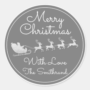 Merry Christmas Tree Name Grey White Silver Sleigh Classic Round Sticker