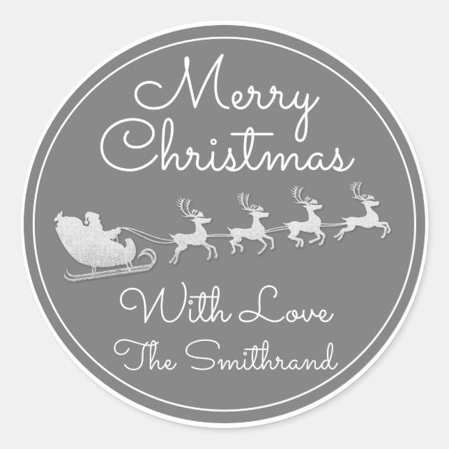 Merry Christmas Tree Name Grey White Silver Sleigh Classic Round Sticker (Front)