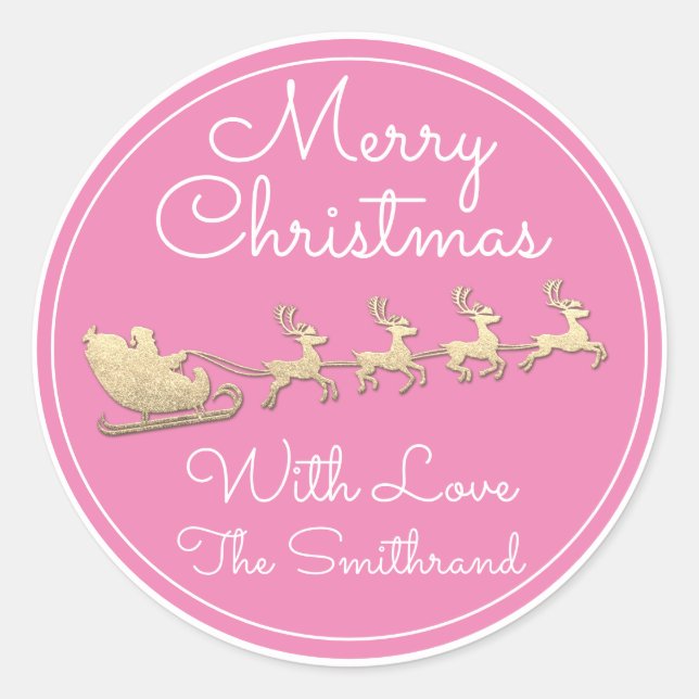 Merry Christmas Tree Name Santa Sleigh Deer Pink Classic Round Sticker (Front)