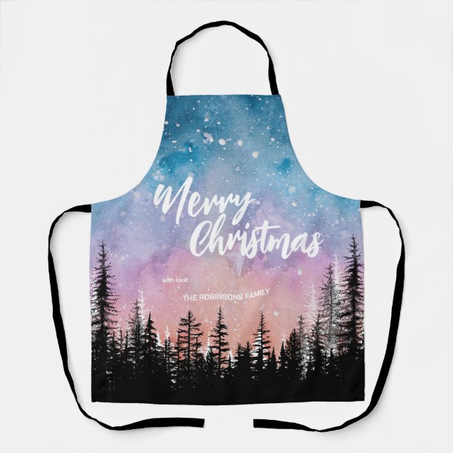 Merry Christmas tree Night gradient script forest  Apron (Front)