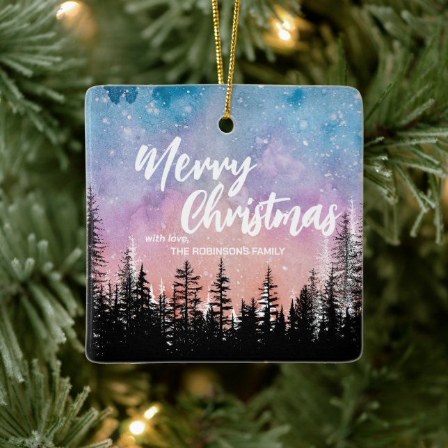 Merry Christmas tree Night gradient script forest  Ceramic Ornament (Tree)