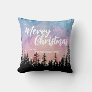 Merry Christmas tree Night gradient script forest  Cushion