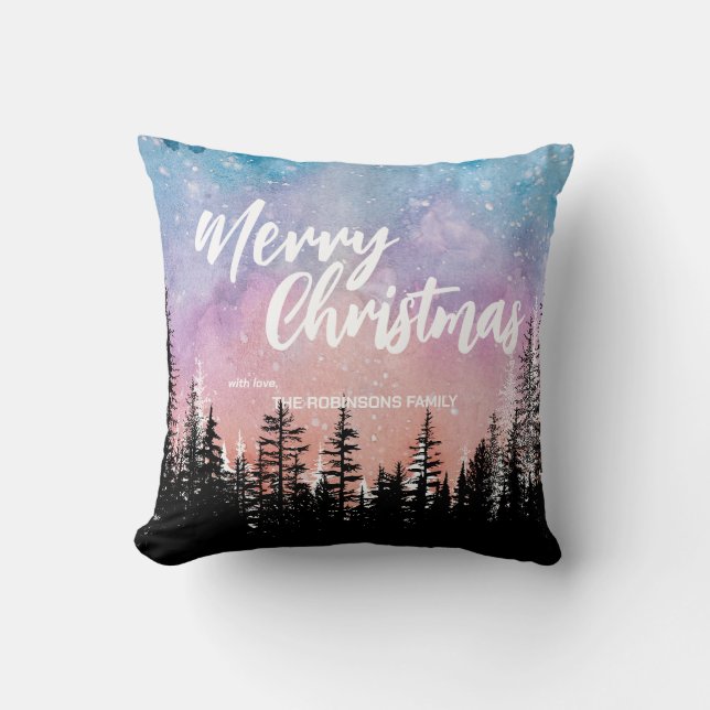 Merry Christmas tree Night gradient script forest  Cushion (Front)