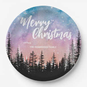 Merry Christmas tree Night gradient script forest Paper Plate