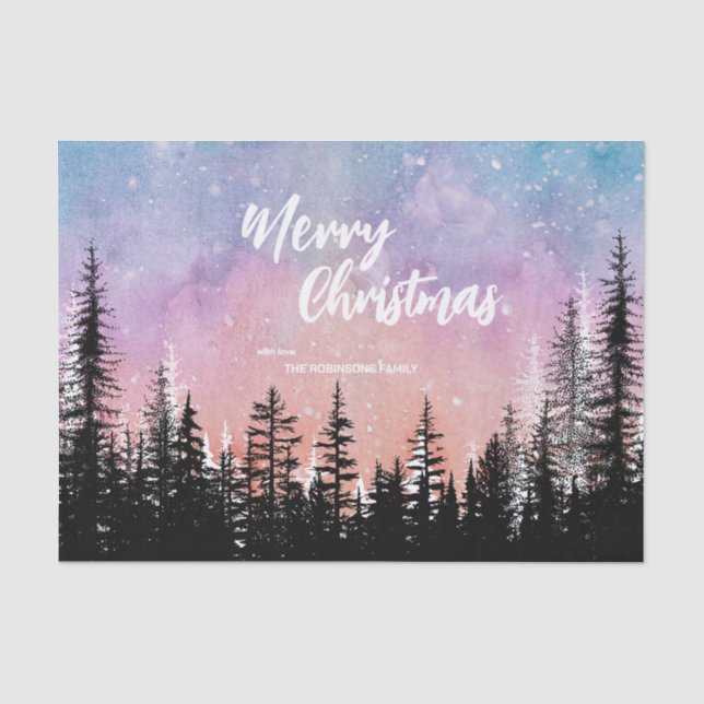 Merry Christmas tree Night gradient script forest  Tissue Paper (Front)