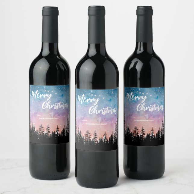 Merry Christmas tree Night gradient script forest  Wine Label (Bottles)