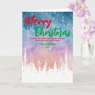 Merry Christmas tree Night red green script forest Card