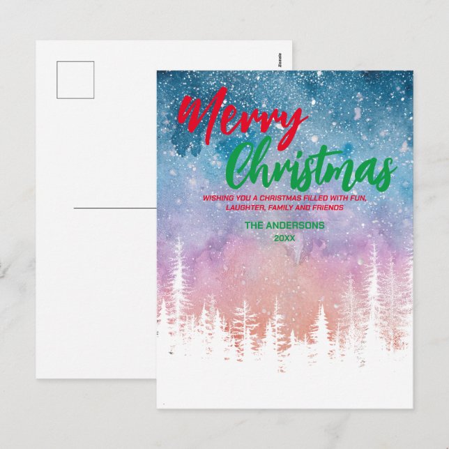 Merry Christmas tree Night red green script forest Holiday Postcard (Front/Back)