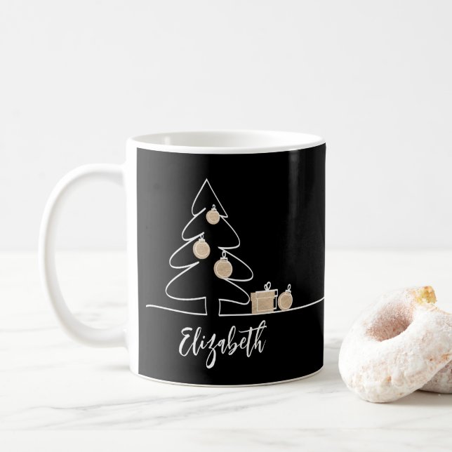 Merry Christmas Tree on Black Coffee Mug (With Donut)