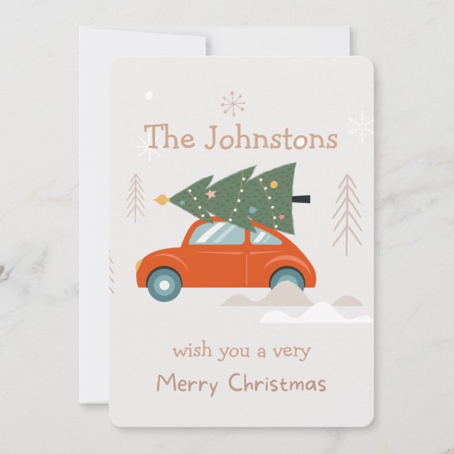 Merry Christmas Tree On Car Orange Green Design Holiday Card (Front)