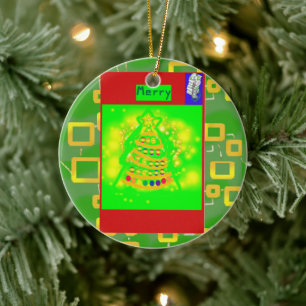 Merry Christmas Tree on Green Geometric Ceramic Tree Decoration