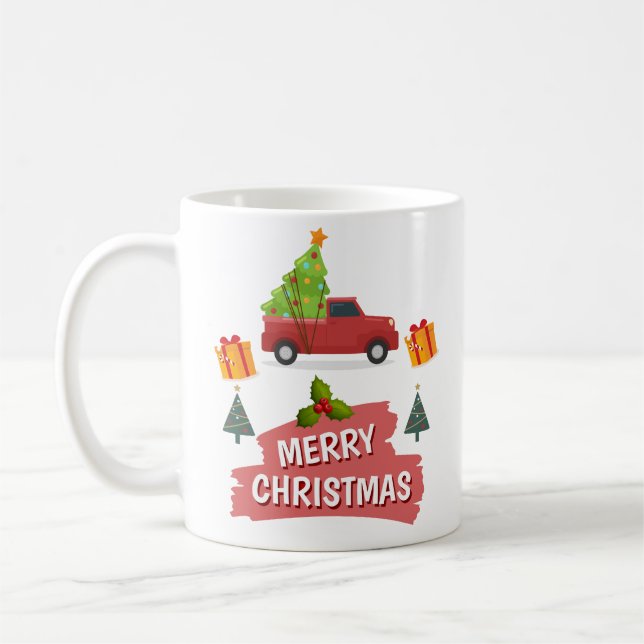 Merry Christmas Tree On Red Truck Car Coffee Mug (Left)