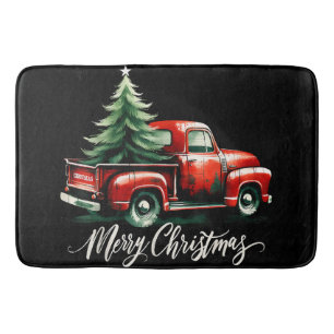 Merry Christmas Tree On Red Truck Vintage Family M Bath Mat