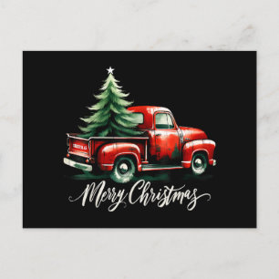 Merry Christmas Tree On Red Truck Vintage Family M Holiday Postcard