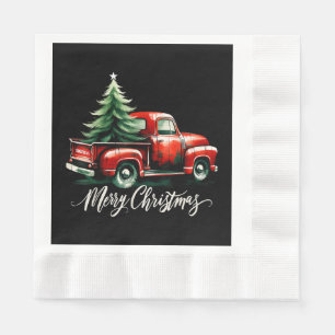 Merry Christmas Tree On Red Truck Vintage Family M Napkin