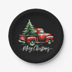 Merry Christmas Tree On Red Truck Vintage Family M Paper Plate