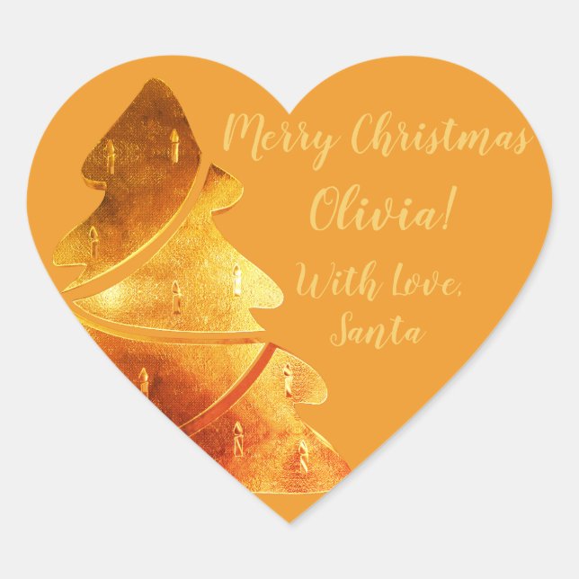Merry Christmas Tree Orange Gold Elegant Heart Sticker (Front)