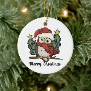 Merry Christmas Tree Owl Santa Hat Retro Ceramic Tree Decoration