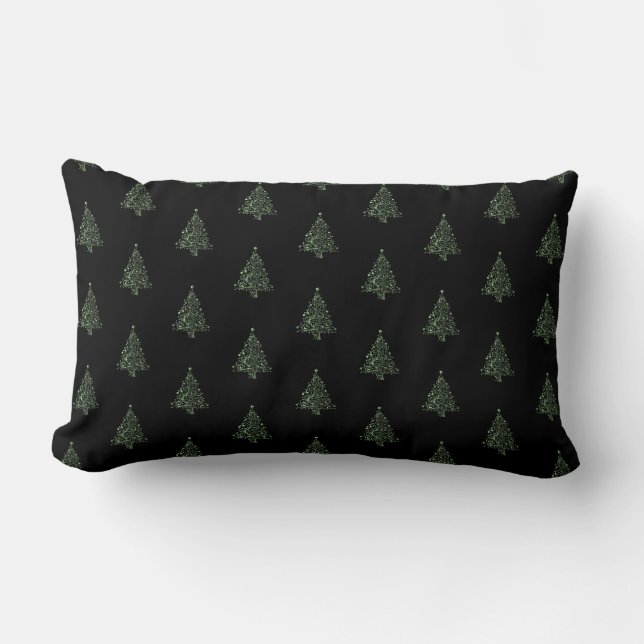 Merry Christmas Tree Pattern Black Metallic Green Lumbar Cushion (Front)