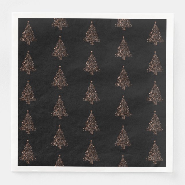 Merry Christmas Tree Pattern Copper Black Elegant Napkin (Front)