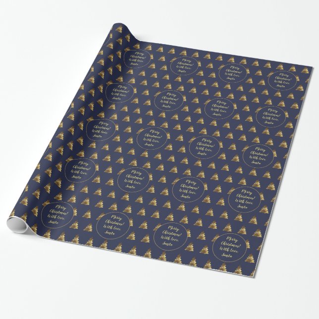 Merry Christmas Tree Pattern Elegant Dark Blue Wrapping Paper (Unrolled)