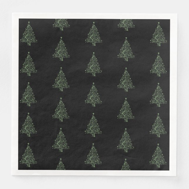 Merry Christmas Tree Pattern Green Black Elegant Napkin (Front)