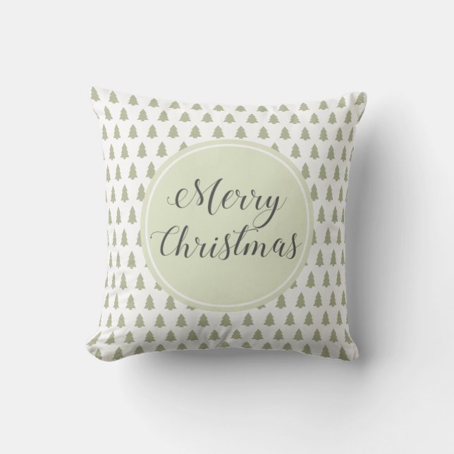 Merry Christmas Tree Pattern Green White Cushion (Front)
