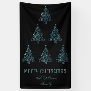 Merry Christmas Tree Pattern Metallic Blue Black Banner