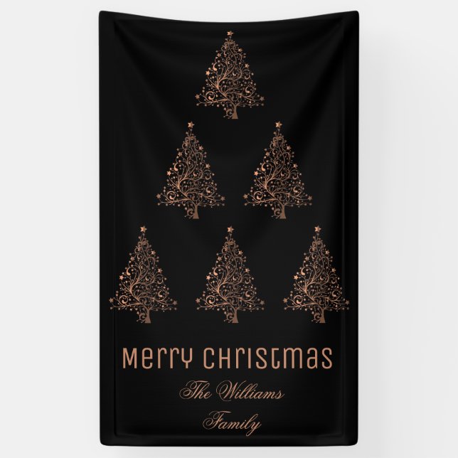 Merry Christmas Tree Pattern Metallic Brown Copper Banner (Vertical)