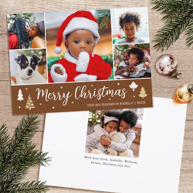 Merry Christmas Tree Photo Collage Brown Flat Holiday Card (Creator Uploaded)