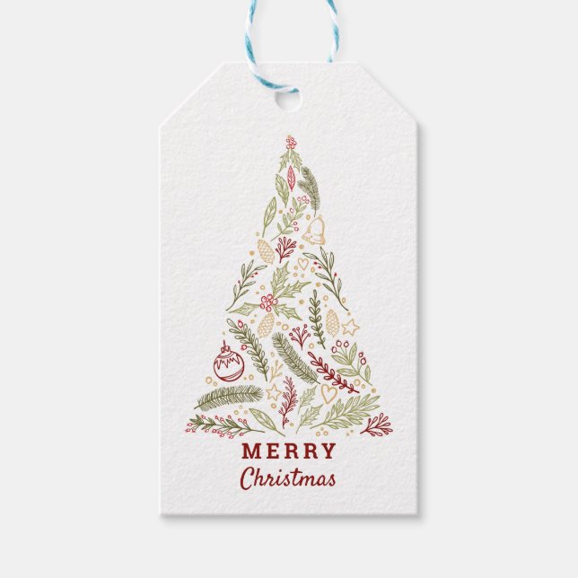 Merry Christmas Tree Pine Cones Holly Mistletoe Gift Tags (Front)