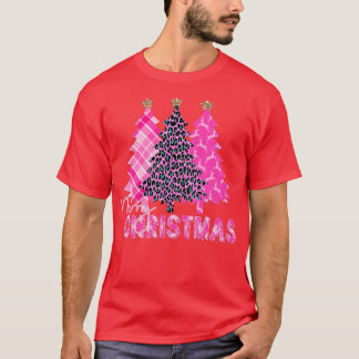 Merry Christmas Tree Pink Buffalo Plaid and Leopar T-Shirt