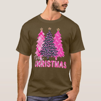 Merry Christmas Tree Pink Buffalo Plaid and Leopar T-Shirt