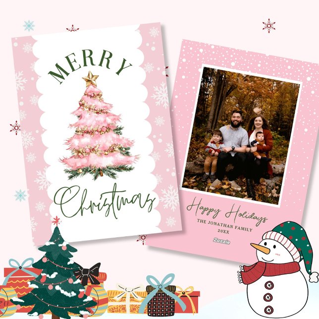 Merry Christmas Tree Pink Snow Holiday Card (Creator Uploaded)