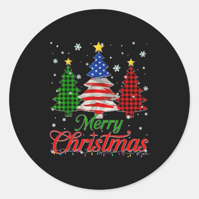 Merry Christmas Tree Plaid Us Flag Snowflake Xmas  Classic Round Sticker (Front)