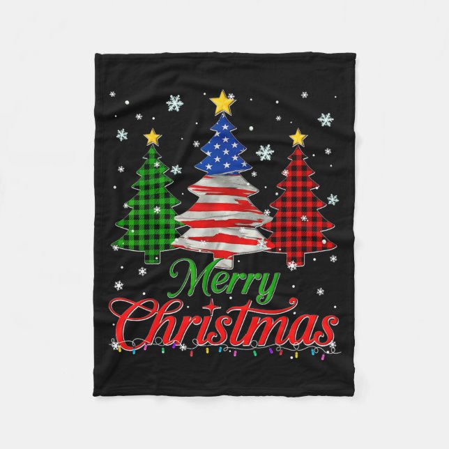 Merry Christmas Tree Plaid Us Flag Snowflake Xmas  Fleece Blanket (Front)