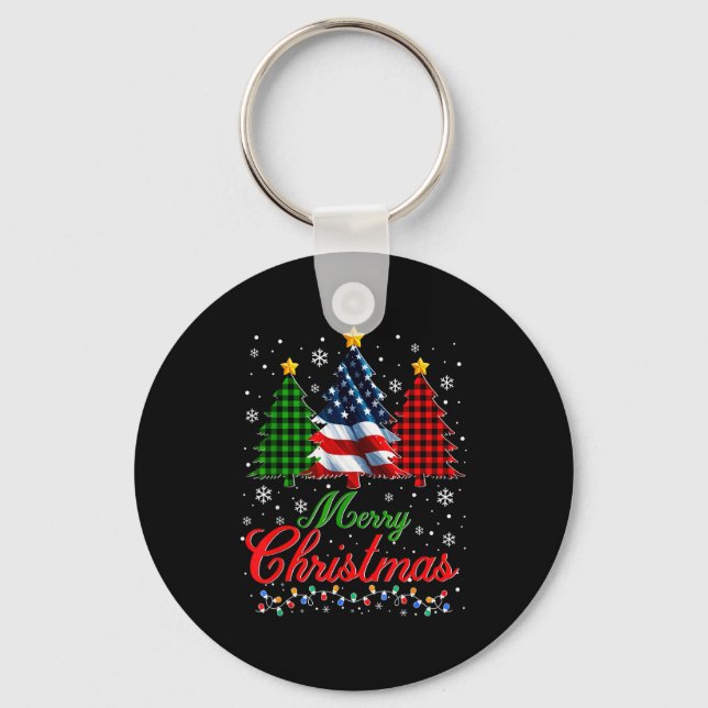 Merry Christmas Tree Plaid Us Flag Snowflake Xmas  Key Ring (Front)