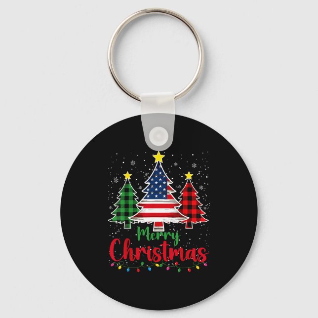 Merry Christmas Tree Plaid Us Flag Snowflake Xmas  Key Ring (Front)